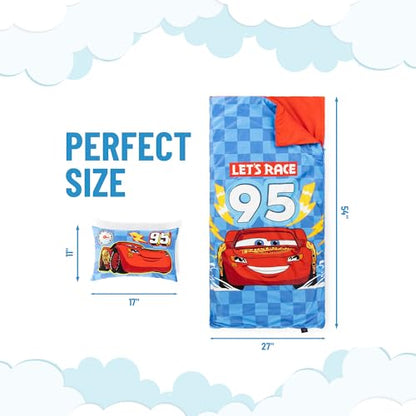 Jay Franco Kids Slumber Bag and Pillow - 54 x 27 Inch Comfy Indoor Sleeping Bag for School and Sleepovers, 2 Piece Set, Blue - Cars - color: Blue - Cars