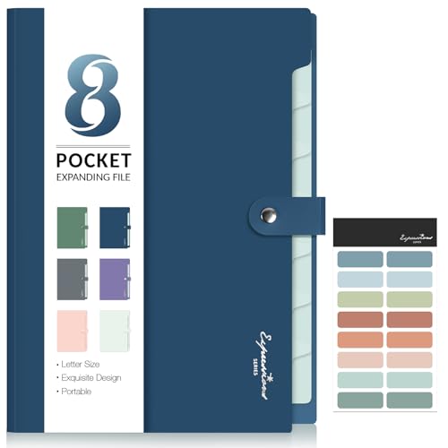 Sooez Elegant Accordion File Organizer with Labels, 8 Pocket Expanding File Folder, Portable Folders for Documents, Cute Paper Organizer for School Office Supplies, Letter Size, Blue - color: Blue