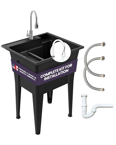 Freestanding Utility Sink with Stainless Steel Gooseneck Faucet - 24" Plastic Utility Sink for Garage, Laundry, Indoor and Oudoor Use - Laundry Tub Kit by Noah William Home - Black (19.5 gal) - color: Black - Gooseneck faucet