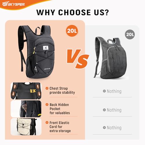 SKYSPER 15L/20L Foldable Hiking Backpack Lightweight Packable Travel Daypack with Chest Strap Small Folding Pack for Walking - color: Black, size: 20l