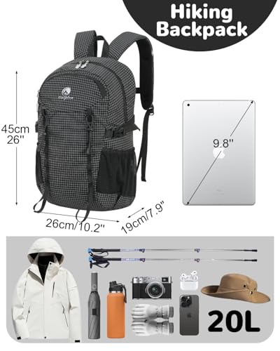 20L Small Waterproof Hiking Backpack Men, Lightweight Small Travel Backpack for Outdoor, Black - color: Black
