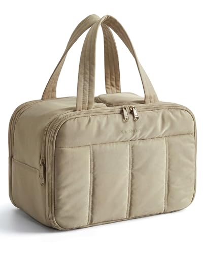 BAGSMART Travel Toiletry Bag, Puffy Large Toiletry Bag for Women, Lightweight Cosmetic Makeup Bag Organizer with Handle for Traveling, Accessories, Essentials, Toiletries (Grayish Brown) - color: D-Light Camel