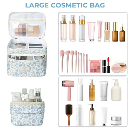 Gosect Makeup Bag, 2pc Quilted Cosmetic Bag Set, Drawstring Makeup Bag with Canvas Lining + Large Floral Toiletry Bag for Women Girls, Cute Cotton Flower Travel Organizer Bag (Blue Flowers - color: Blue Pattern