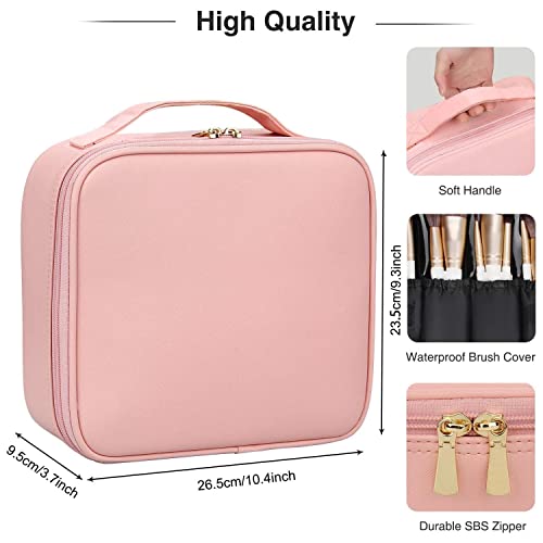 Travel Makeup Case, PU Leather Portable Organizer Makeup Train Case Makeup Bag Cosmetic Case with Adjustable Dividers for Cosmetics Makeup Brushes Women (Pink) - color: Pink
