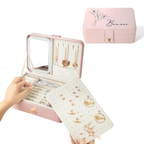 BYFDIY Custom 3-Layer Travel Jewelry Case Personalized Name Birth Flower Jewelry Organizer and Storage With 3 Colors LED Makeup Mirror Mother Jewelrys Box Gifts For Women Nana Size 9.25×6.3×3.54 INCH