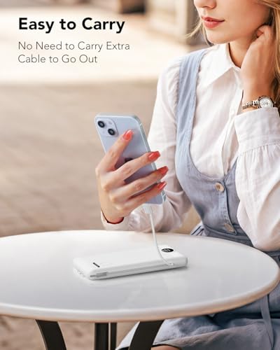 VRURC Portable Charger with Cables and Wall Plug | Power Bank with Cords | 10000mAh Portable Charger with AC Plug | External Battery Pack (Pure White) - color: White