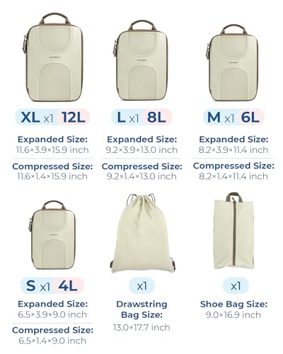 BAGSMART Compression Packing Cubes, 6 Set Packing Cubes for Suitcases, Lightweight Suitcases Organizers Bag Set & Compression Travel Cubes, Travel Essentials Packing Organizers - color: 02-White Opal