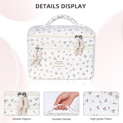 Gosect Makeup bag, Large Cosmetic Bag for Women Girls, Cute Quilted Makeup Bags, Floral Coquette Aesthetic Toiletry Bag, Travel Make Up Organizer Bag (Cherry) - color: Chery