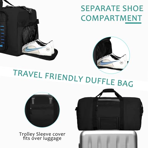 Foldable Travel Duffle Bag for Men Women, Waterproof with Shoe Compartment, 80L 120L Large Collapsible Luggage Bag, Lightweight Packable Duffel for Travel Sports Gym Airline Carry On Checked Bag - color: Black
