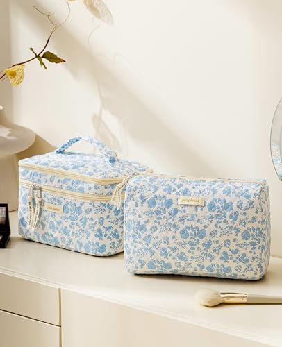 HBselect 2Pcs Travel Makeup Bag, Large Cotton Quilted Makeup Bag Cosmetic Bag Cute Make up Bag Toiletry Bags for Women Girls - color: 2PCS-FLOWER1
