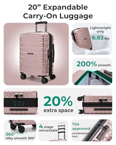 BAGSMART Carry On Luggage 22x14x9 Airline Approved with Spinner Wheels,Lightweight 20 Inch Luggage with TSA Lock,Expandable Hard Shell Carry On Suitcases for Men Women,Rose Gold - color: Rose Gold