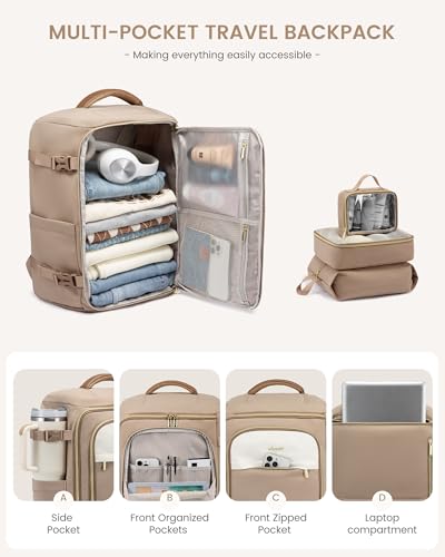 LOVEVOOK 50L Travel Backpack for Women, TSA Approved Carry On Backpack with 3 Packing Cubes, Personal Item Bag Fits 17" Laptop, Water-resistant Carry On Bag for Airplanes - color: Beige & Khaki, size: 50L-4PCS