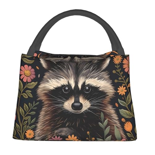 Cute Raccoon Floral Lunch Bag for Women, Girls, Kids, Reusable Insulated Lunch Box for Work, Office, Picnic, Travel, School, Gifts - color: Cute Raccoon Floral