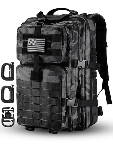 Hannibal Tactical MOLLE Assault Pack, Tactical Backpack Military Army Camping Rucksack, 3-Day Pack Trip w/USA Flag Patch, D-Rings, Black Camo - color: Black Camo