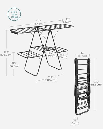 SONGMICS Clothes Drying Rack, Foldable 2-Level Laundry Drying Rack, Free-Standing Laundry Airer, with Height-Adjustable Wings, 33 Drying Rails, Sock Clips, Black ULLR053B01V1 - color: Black, size: 2 Tiers（22"d x 61.8"w x 64.3''h )