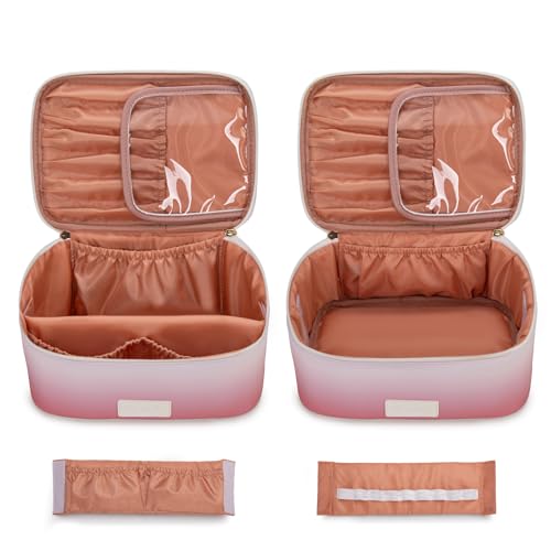 Montana West X Wrangler Travel Makeup Bag 2pcs Set Large Cosmetic Bag with Makeup Brush Holder Portable Make Up Organizer Cute Toiletry Bag with Divider and Handle for Women Gradient - color: Khaki-Tan