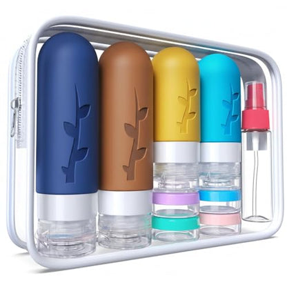 DEPOZA Travel Bottles Kit (16 Pack) - TSA Approved, Leak Proof Silicone Squeezable Containers for Toiletries. Complete Set with Jars, Sprayers & Bag (Dark blue) - color: Dark blue