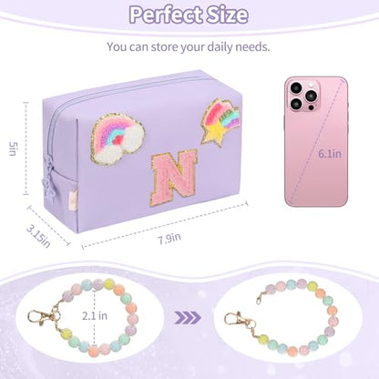 Initial Makeup Bag for Girls, Cute Makeup Bag Small Cosmetic Bag Travel Make Up Organizer Pouch, Birthday Gifts for Girls 4 5 6 7 8 9 10 11 12 13 14 15 Years Old, Teen Girls Gifts Trendy Stuff - color: Purple + Bracelet, style: N