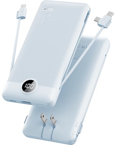 VRURC Portable Charger Built-in Cables and AC Wall Plug, USB C Power Bank 10000mAh, Travel Essentials Phone Charger Compact Lightweight External Battery Pack for Smart Phones, Tablets etc-Blue - color: Blue