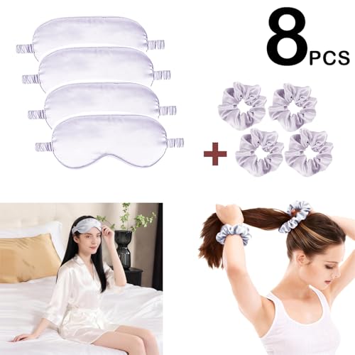 Satin Eye Mask 8Pcs Silk Sleep Masks Silky Blindfold Eyeshade Blackout Eyes Cover Scrunchies Hair Ties Travel Wedding Gifts - color: Light Grey