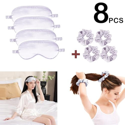 Satin Eye Mask 8Pcs Silk Sleep Masks Silky Blindfold Eyeshade Blackout Eyes Cover Scrunchies Hair Ties Travel Wedding Gifts - color: Light Grey