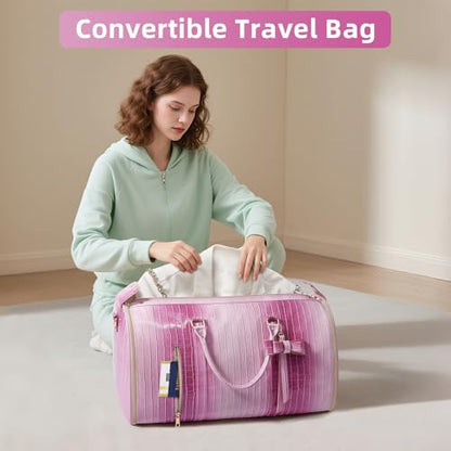 Convertible Garment Duffle Bag for Women, Foldable 2-in-1 Carry On Travel Bag with Shoe Compartment & Toiletry Pocket, PU Leather Stylish Garment Bags for Business Trip, Vacation, Pink-White - color: Rose-Pink