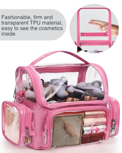 NAONAYA Pink Makeup Brush Bag, Large Makeup Brush Holder Professional Makeup Artist Travel Case Clear Waterproof Cosmetic Organizer Bag, Full Open Easy to Access, with Adjustable Strap and Dividers - color: pink, size: S