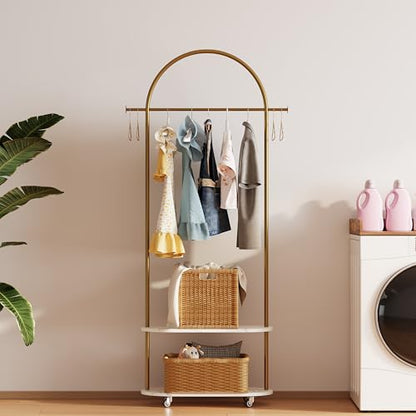 Gold Clothing Rack,Freestanding Coat Rack with Faux Marble shevles,Modem Arch Gold Garment Rack with shoes rack for Small Spaces,Bedroom, Entryway