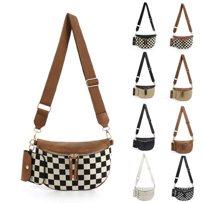 Checkered Crossbody Bag for Women Nylon Bum Bag Spacious Fanny Pack Adjustable Strap Lightweight Travel Everyday Purse Water Resistant Handbag (Plaid Brown) - color: Plaid Brown