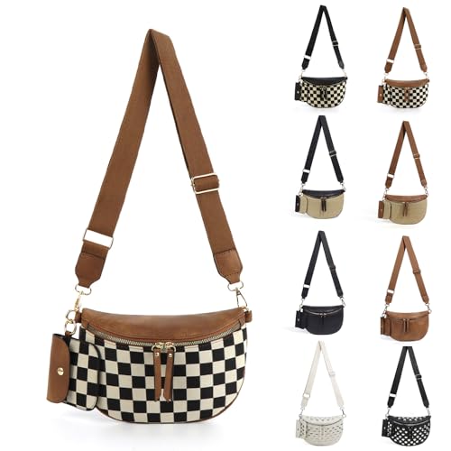 Checkered Crossbody Bag for Women Nylon Bum Bag Spacious Fanny Pack Adjustable Strap Lightweight Travel Everyday Purse Water Resistant Handbag (Plaid Brown) - color: Plaid Brown