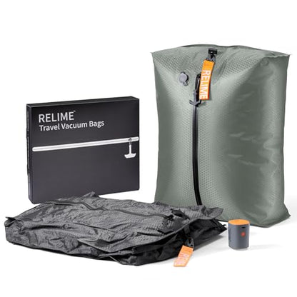 Relime Classic Series Vacuum Bags for Travel Luggage with Wireless Pump, Compression Bags for Carry On Suitcases and Backpack, Vacuum Seal Packing cube for Cloth Packing ((2PC + PUMP Gray & Green) - color: 2PC Gray & Green