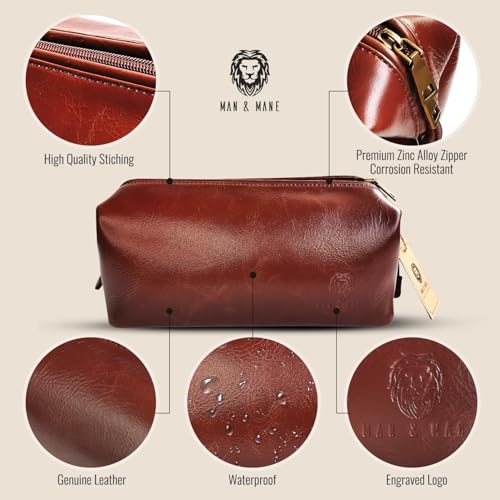 MAN & MANE Premium Leather Toiletry Bag for Men & Women – Classic Dopp Kit Travel Shaving Bag (Cognac Brown)