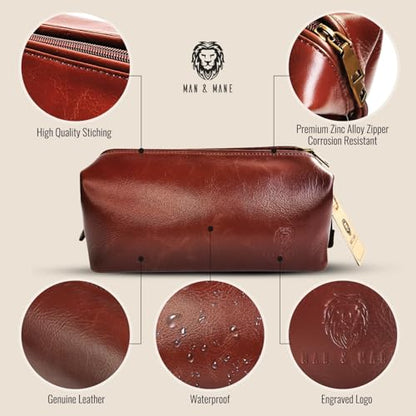 MAN & MANE Premium Leather Toiletry Bag for Men & Women – Classic Dopp Kit Travel Shaving Bag (Cognac Brown)
