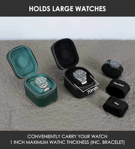 Watch Travel Box, Real Genuine Leather Single Watch Roll Case for Man and Women Watch Packing Storage Organizer with Suede to Protection Zipper Fit All Watches Up to 60mm (1W-Z-BB) - color: 1W-Z-BBL