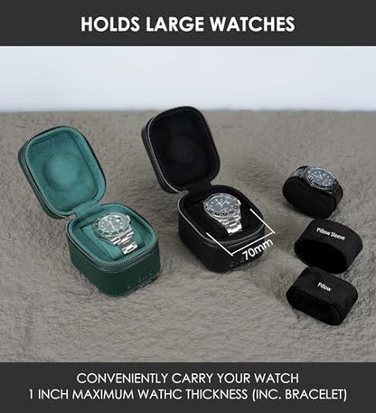 Watch Travel Box, Real Genuine Leather Single Watch Roll Case for Man and Women Watch Packing Storage Organizer with Suede to Protection Zipper Fit All Watches Up to 60mm (1W-Z-BB) - color: 1W-Z-BBL