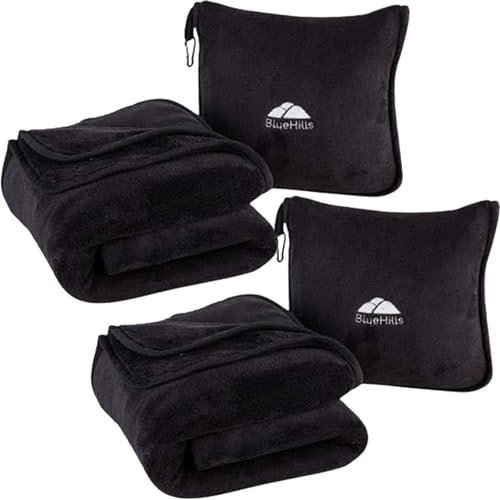 BlueHills 2-Pack Premium Soft Travel Blanket Pillow Airplane Blanket for Two in Soft Bag Pillowcase with Hand Luggage Belt and Backpack Clip, Compact Pack Large Blankets for Travel (Black T014) - color: Black-2pk-t014