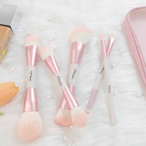 START MAKERS Makeup Brushes 5Pcs Dual Ended Pink Makeup Brush Set for Foundation Blush Bronzer Concealer Contour Powder Highlight Eyebrow Eyeshadow Blending, Travel Makeup Brushes with Bag