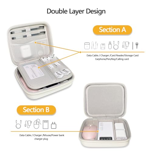 Hard Cord Electronic Organizer Travel Case, Cable Tech Pouch Bag, Cord Hard Case for Portable Charger, Power Bank, Mouse and Cords, Tech Organizer Travel,White