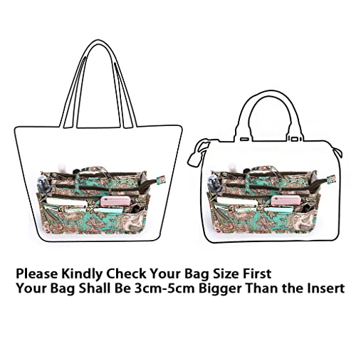 BTSKY New Printing Handbag Organizers Inside Purse Insert-High Capacity 13 Pockets Bag Tote Organizer with Handle Peacock Flower - color: Green+Brown