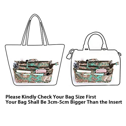 BTSKY New Printing Handbag Organizers Inside Purse Insert-High Capacity 13 Pockets Bag Tote Organizer with Handle Peacock Flower - color: Green+Brown