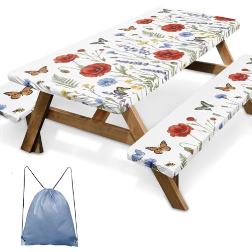 Picnic Table Cover with Bench Covers Elastic Edges, Wildflower Camper Fitted Table Cover, Outdoor Camping Essentials 72 Inch 3PCS, Waterproof Camping Fitted Tablecloth with Drawstring Bag - color: Wildflower, size: 72in