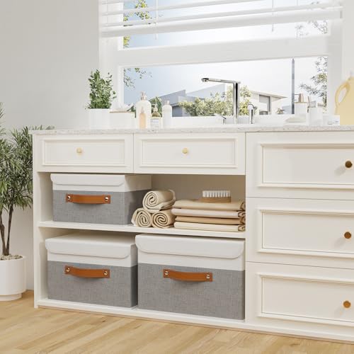 OUTBROS Foldable Storage Boxes, Large Linen Fabric, 15 x 9.8 x 9.8 inch, White/Grey, 3-Pack - color: White/Grey, size: 15x9.8x9.8in(3-pack)