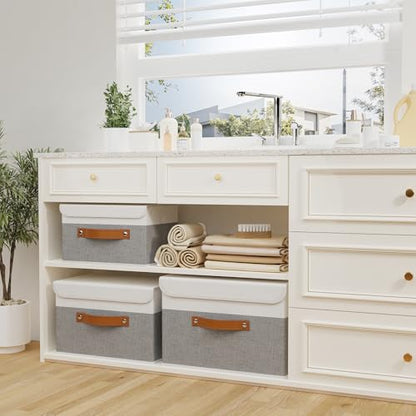 OUTBROS Foldable Storage Boxes, Large Linen Fabric, 15 x 9.8 x 9.8 inch, White/Grey, 3-Pack - color: White/Grey, size: 15x9.8x9.8in(3-pack)