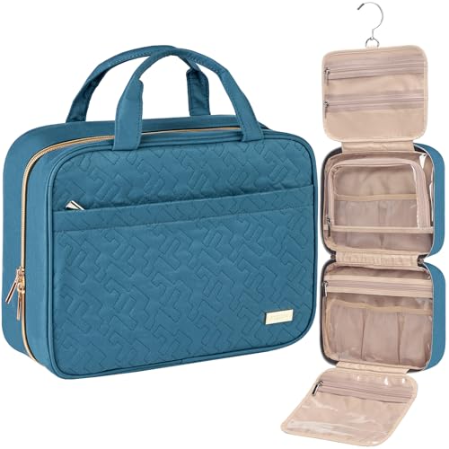 NISHEL Travel Toiletry Bag for women, Portable Hanging Organizer for Full-Sized Shampoo, Conditioner, Brushes Set, Makeup Accessories, Large Size, Lake-Blue - color: Lake-Blue, size: Large