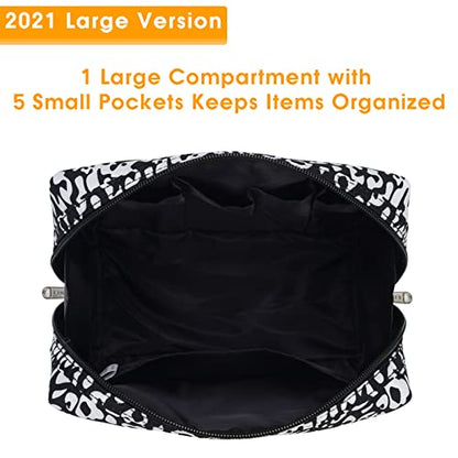 Narwey Cute Cheetah Makeup Bag Travel Cosmetic Bag Organizer Toiletry Bag Make Up Bags with Compartments for Women Girls (Large, Black Leopard) - color: Black Leopard, style: Large