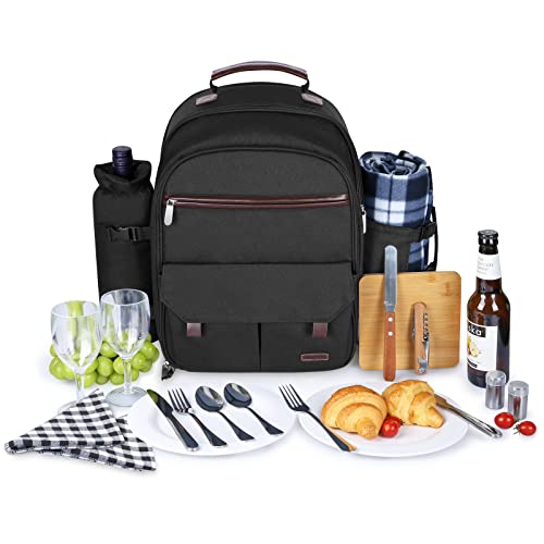 Sunflora Insulated Picnic Backpack for 2 Person Bag with Cooler Compartment, Wine Pouch, Blanket and Stainless Steel Cutlery Set for Couple, Lovers and Friends (Black) - color: Black, size: 2 person