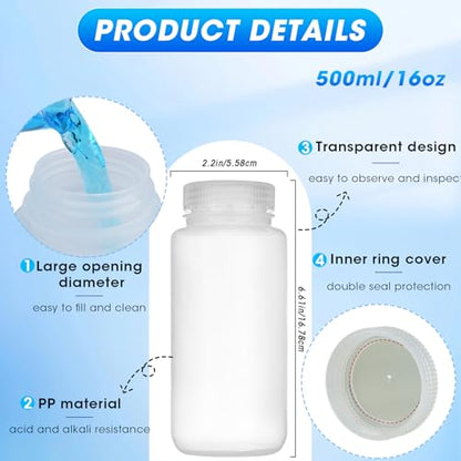 16oz/500ml Plastic Sample Bottles with caps, Wide Mouth Reagent Bottle with Lids Leak Proof Containers Water Sample Bottles for Laboratories, Travel(5Pcs) - style: 500ML-5pcs