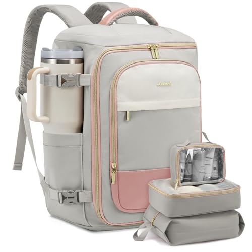 LOVEVOOK Travel Backpack for Women/Men, Personal Item Bag with 3 Packing Cubes Fits 17" Laptop, 50L Travel Backpack Carry on Flight Approved, Water-resistant Carry On Bag for Airplanes - color: Gray & Pink, size: 50L-4PCS
