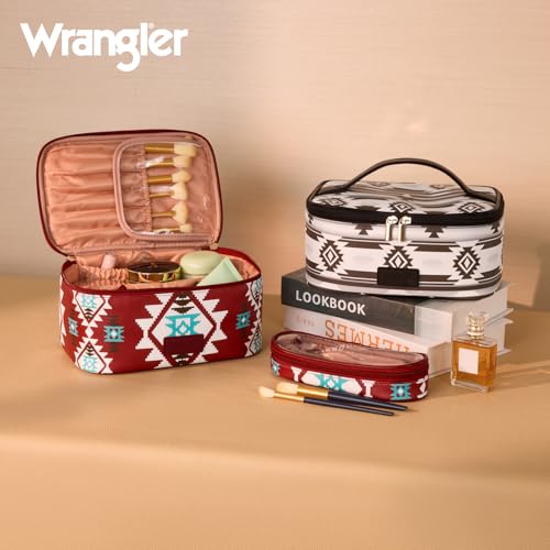 Montana West X Wrangler Travel Makeup Bag 2pcs Set Large Cosmetic Bag with Makeup Brush Holder Portable Make Up Organizer Cute Toiletry Bag with Divider and Handle for Women Aztec - color: Aztec-Red