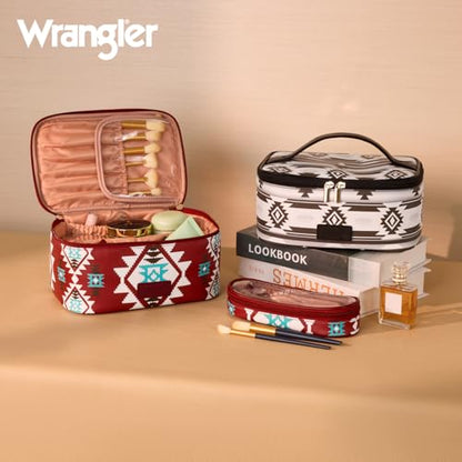 Montana West X Wrangler Travel Makeup Bag 2pcs Set Large Cosmetic Bag with Makeup Brush Holder Portable Make Up Organizer Cute Toiletry Bag with Divider and Handle for Women Aztec - color: Aztec-Red